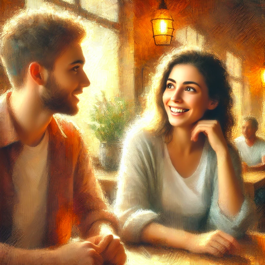 Dos personas conversando en una cafetería, con ojos saludables, representando la conexión humana y el bienestar visual.
