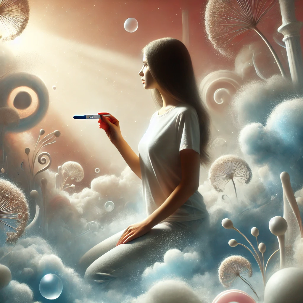 Mujer emocionada sosteniendo una prueba de embarazo con un toque surrealista.