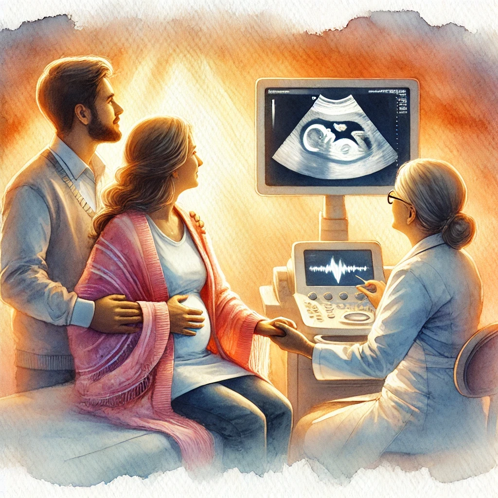 Pareja visitando al doctor para hacerse un ecograma