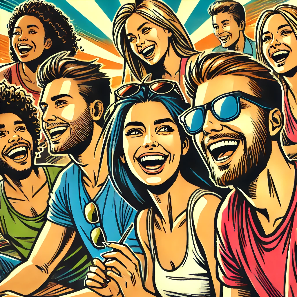 Un grupo de amigos riendo durante un picnic, con ojos saludables, enfatizando la alegría de ver la vida con claridad.