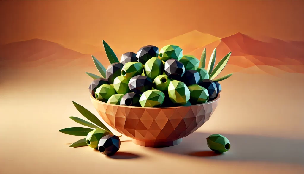 Un tazón de aceitunas verdes y negras frescas con aceite de oliva y hierbas, un snack saludable y delicioso.