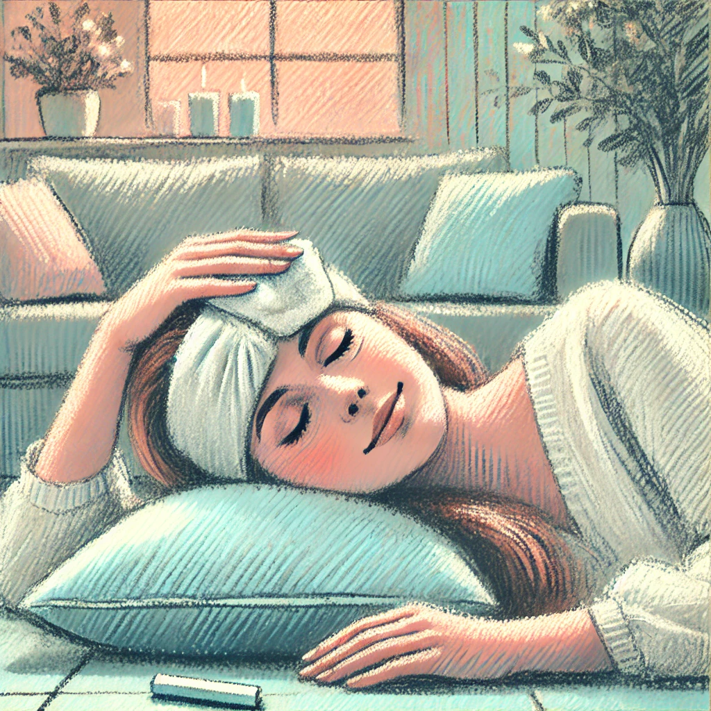 Una persona relajándose en casa con una compresa fresca sobre los ojos, destacando el cuidado y la prevención de irritaciones oculares.