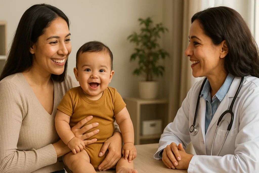 Madre con bebé en consulta con doctora sobre hipo