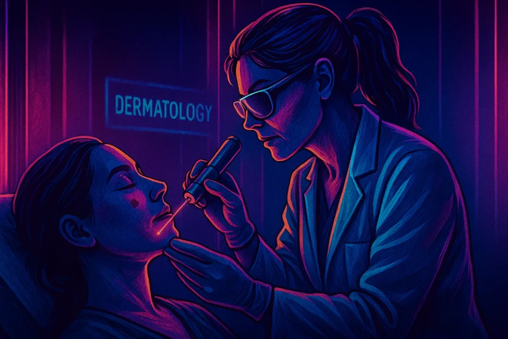 dermatóloga aplicando láser despigmentante a paciente