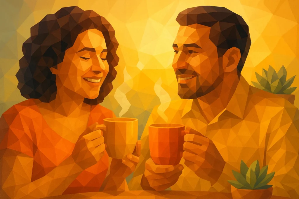Pareja latina disfrutando té de cúrcuma en un ambiente cálido y acogedor