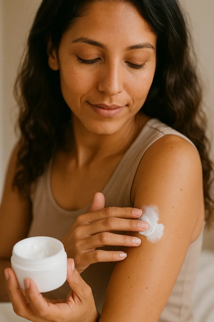 Aplicación de crema para eliminar o mejorar las manchas blancas en la piel. 