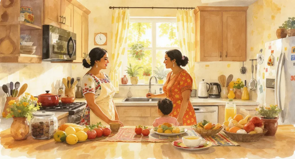 Familia latina en cocina discutiendo sobre salud digestiva y Buscapina