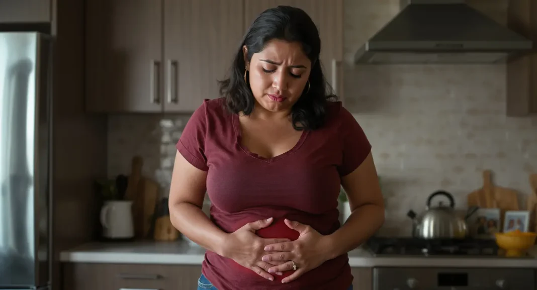Mujer latina con dolor de estómago antes de tomar Buscapina