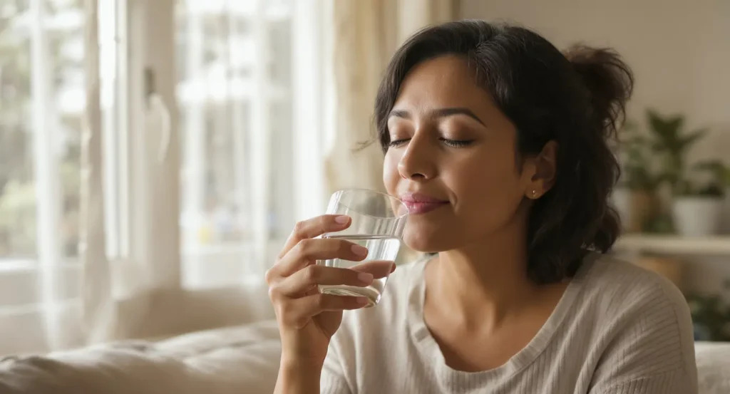 Mujer tomando Buscapina para aliviar cólicos abdominales