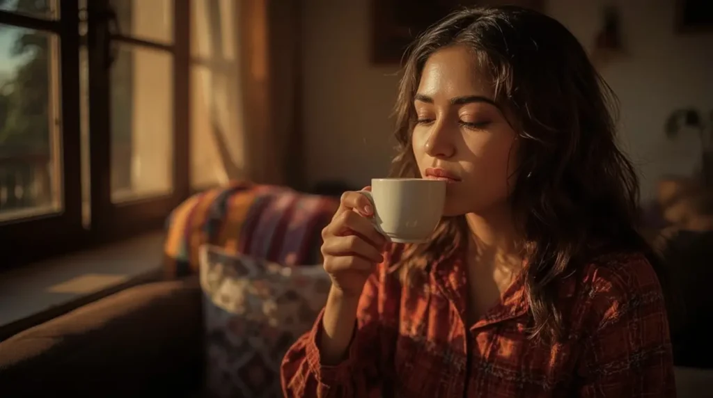 Mujer joven tomando té relajante para disminuir ansiedad y taquicardia