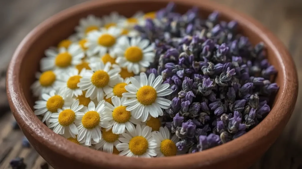 Flores frescas de manzanilla y lavanda en plato de barro como remedio natural para ansiedad y taquicardia