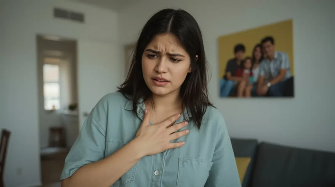 Mujer mexicana-estadounidense joven con la mano en el pecho mostrando síntomas de taquicardia por ansiedad en casa