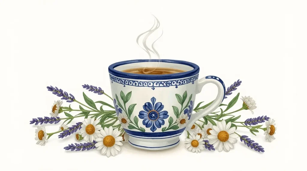 Taza de talavera con té de manzanilla y lavanda listo para aliviar la taquicardia causada por ansiedad